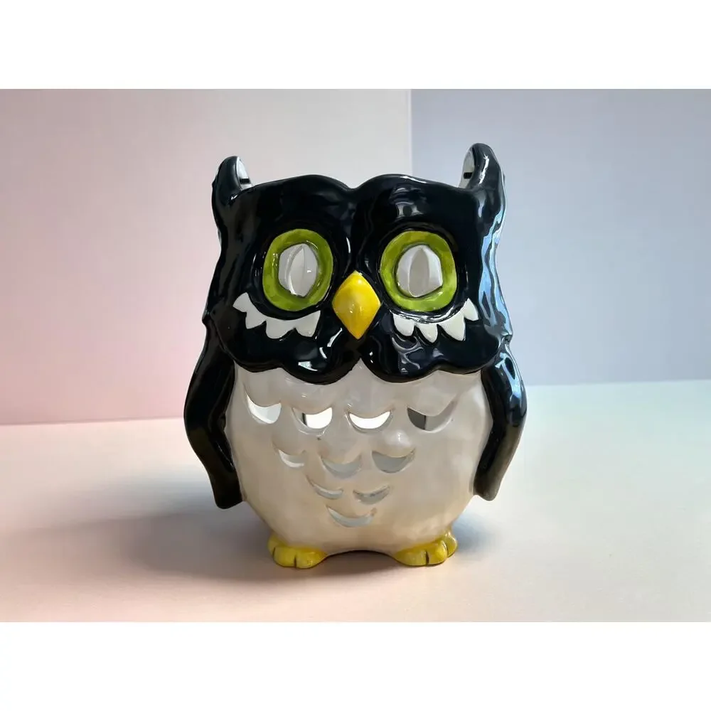 Blue Sky Ceramic Black Owl Lantern Candle Holder With Wire Handle Halloween